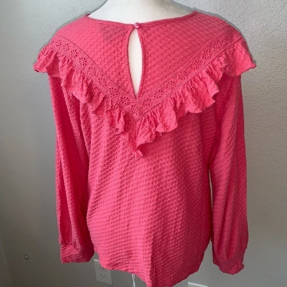 J. Crew Pink Ruffle Trim Honeycomb Knit Top Size Small